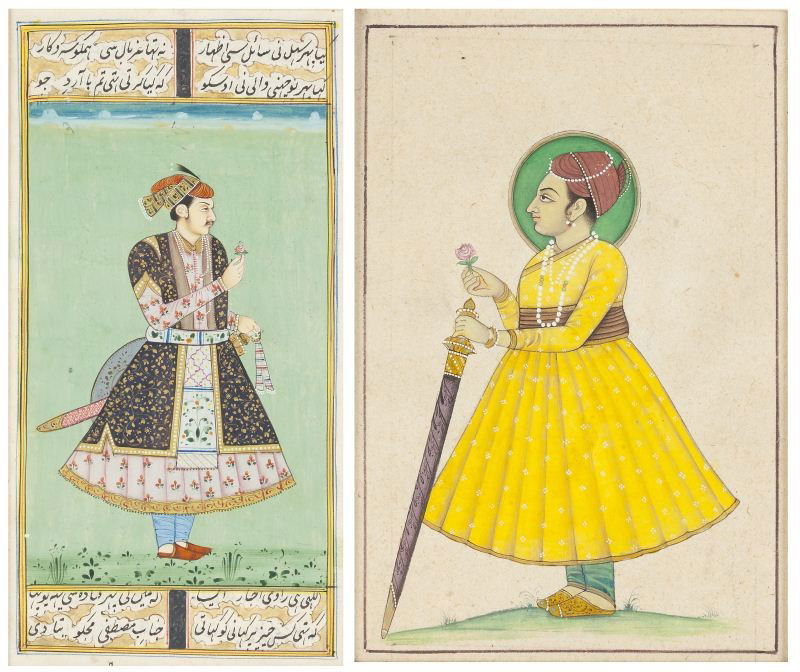 Two Indian Miniature Paintings of Courtiers: Two Indian Miniature Paintings of Courtiersboth are 19th century or earlier - the first depicting a young man in a yellow angarkha, pearl jewelry, and red turban, his one hand rests on a sword while i