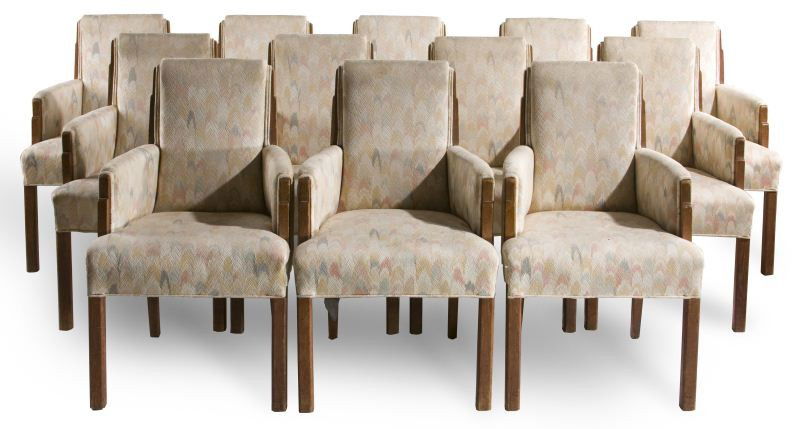 Set of (12) English Oak Art Deco Chairs: Set of (12) English Oak Art Deco Chairsall with original label "Trollope & Colls, Ltd. Belgrave Square London, SW"; with elegant but practical pastel flame stitch Scalamandre upholstery fabric.36 x 22