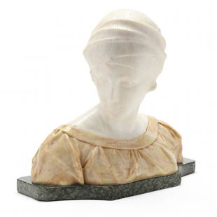 attributed to Guglielmo Pugi (Italian, 1850-1915), Marble Bust of a Woman with Turban: attributed to Guglielmo Pugi (Italian, 1850-1915), Marble Bust of a Woman with Turbancirca 1900, carved and polished white marble set within an ochre marble bust, mounted upon a conforming green marbl