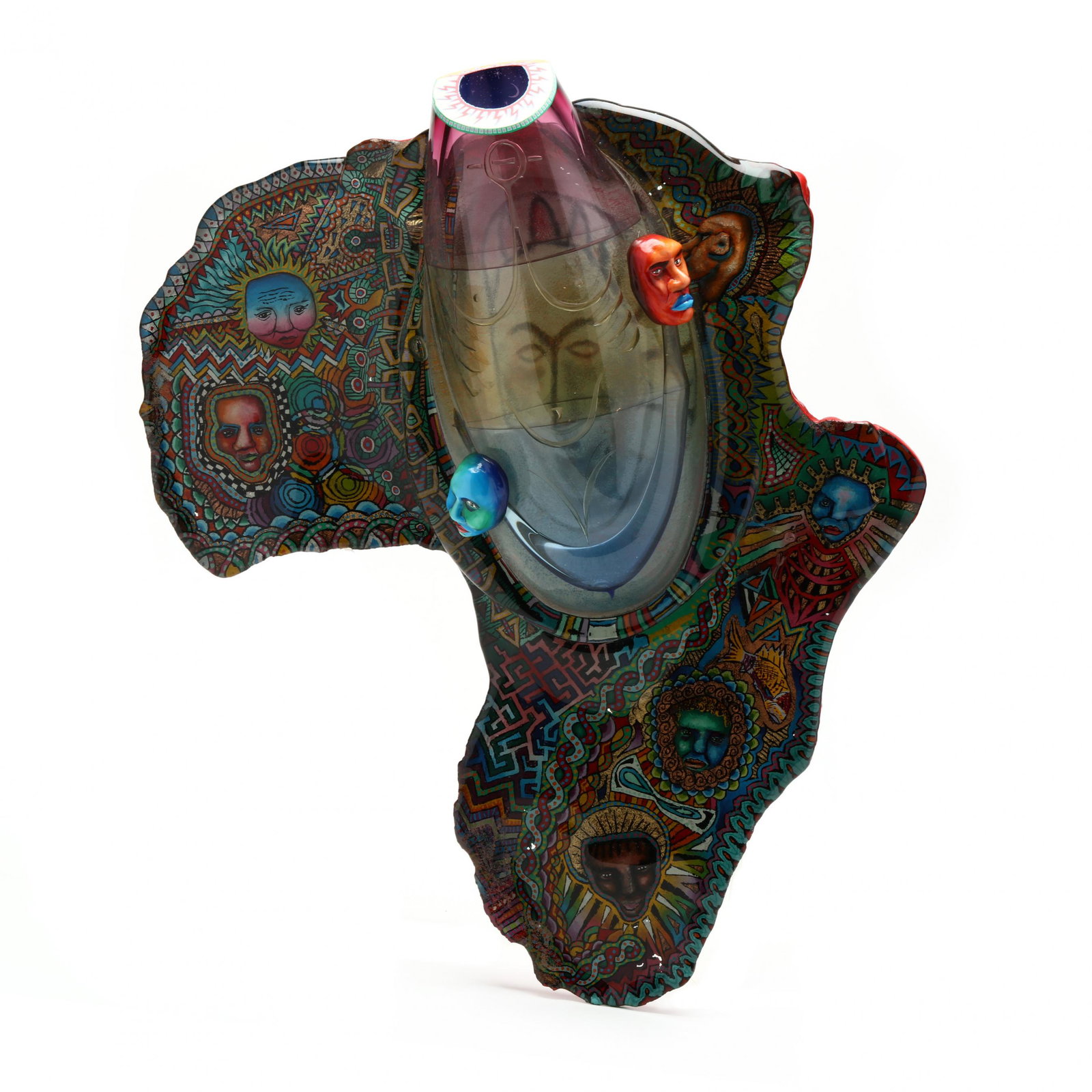 Robert Carlson (American, b. 1952), Mask of Africa Glass Sculpture: Robert Carlson (American, b. 1952), Mask of Africa Glass Sculpture1990, cast glass Africa form with a fused blown glass vase, applied masks and incised decoration with hand painted enamel to verso, si