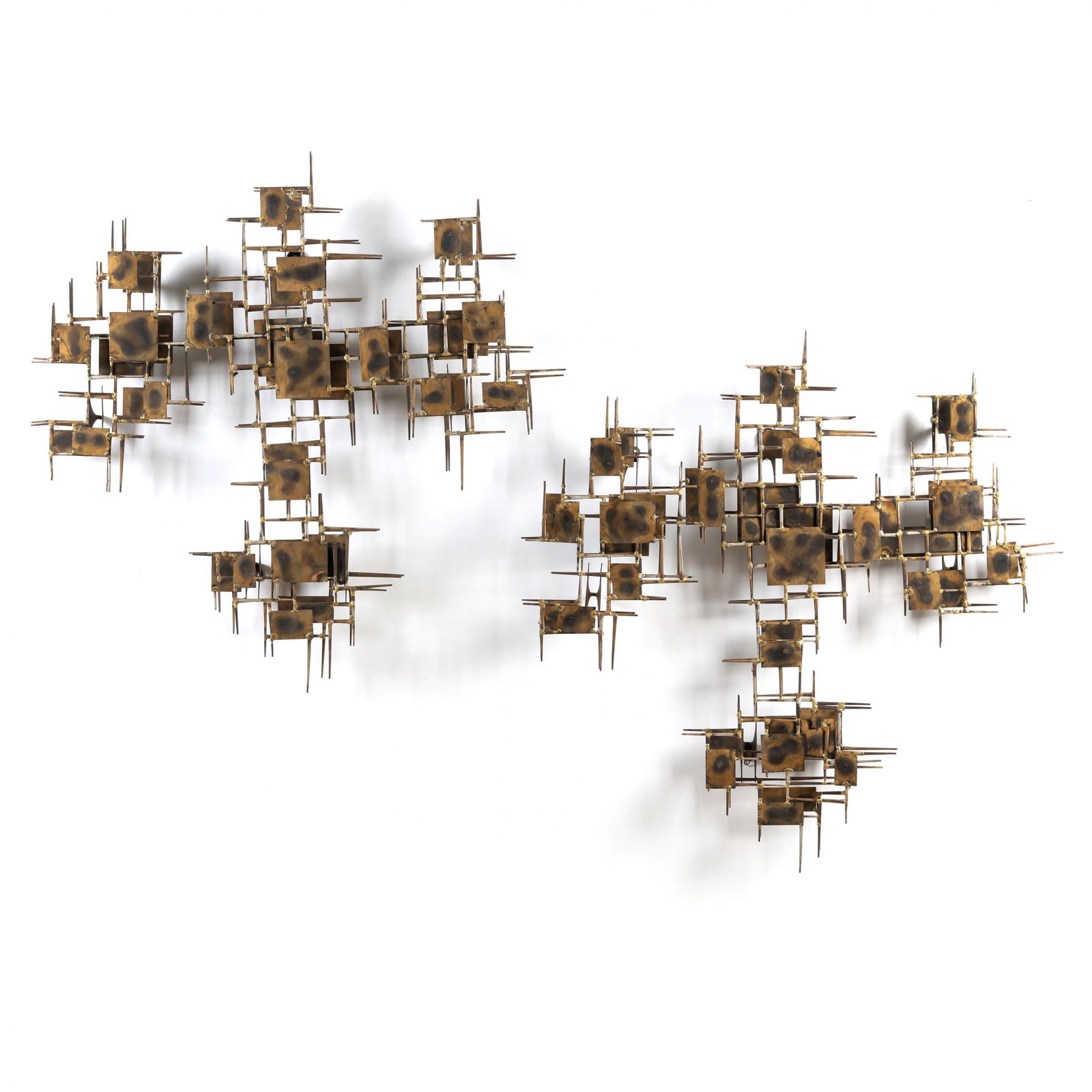 Mark Weinstein (Marc Creates), A Pair of Brutalist Wall Sculptures: Mark Weinstein (Marc Creates), A Pair of Brutalist Wall Sculpturescirca 1970, composed of welded cut steel nails and square sheets with gilt finish, both with integral hanging brackets and "Marc / Cre