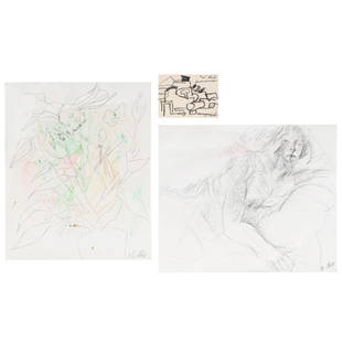 Mary Abbott (American, 1921-2019), Three Drawings: Mary Abbott (American, 1921-2019), Three Drawingsthe first a charcoal drawing on postcard, pencil signed "M. Abbott" at lower right recto and "Mary L. Abbott" at upper right verso (Sheet size 4 x 5 3/