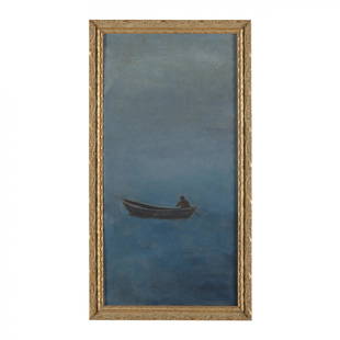 Anne Packard (American, b. 1933), Man in Dory: Anne Packard (American, b. 1933), Man in Dory oil on canvas board, signed lower right, presented in a later gilt frame. 20 x 9 7/8 in.; Frame dimensions 21 5/8 x 11 5/8 in. From the Collection of