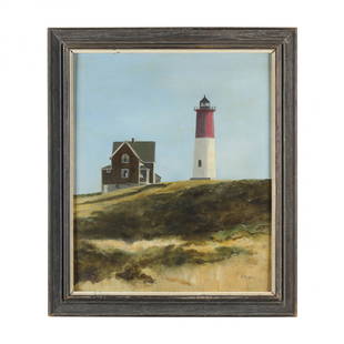 Anne Packard (American, b. 1933), Lighthouse and Keepers House: Anne Packard (American, b. 1933), Lighthouse and Keepers Houseoil on board, signed lower right, presented in the likely original frame. Board 24 x 20 in.; Frame dimensions 28 3/8 x 24 3/8 in. From the