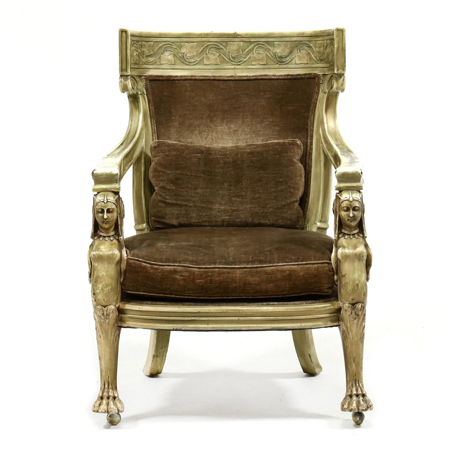 Egyptian Revival Carved and Painted Throne Chair: Egyptian Revival Carved and Painted Throne Chair early 20th century, carved and painted wood frame, curved back with ivy motif crest rail, brown plush upholstery with loose pillow and seat cushion, ta