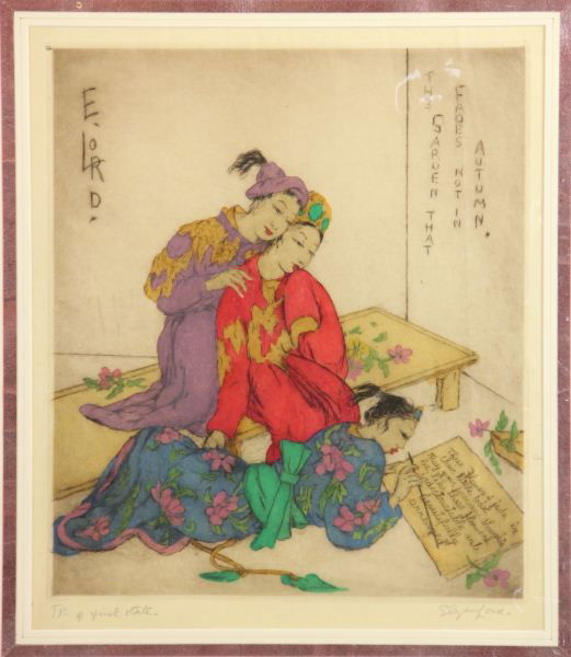 Elyse Lord (Br., 1900-1971), "The Garden...": Elyse Lord (Br., 1900-1971), "The Garden...""...that Fades Not in Autumn," etching, trial proof of first state, pencil signed, unframed with mat.SS 18 x 15 in.; DOA 25.5 x 22.5 in.