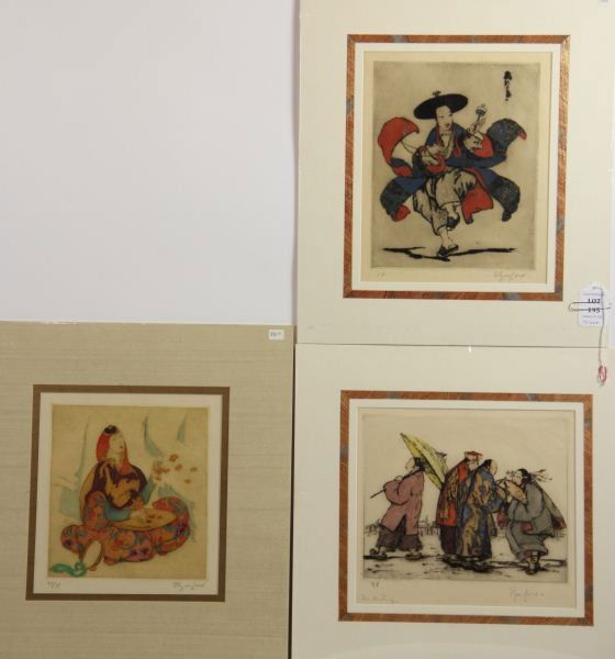 Elyse Lord (Br., 1900-1971), Three Works: Elyse Lord (Br., 1900-1971), Three Worksetchings, two are trial proofs, each depicting an Asian figure, the third etching is numbered 47/75; each unframed with mat.SS 9.5 x 10.5 in.; SS 11 x 9 in.; SS