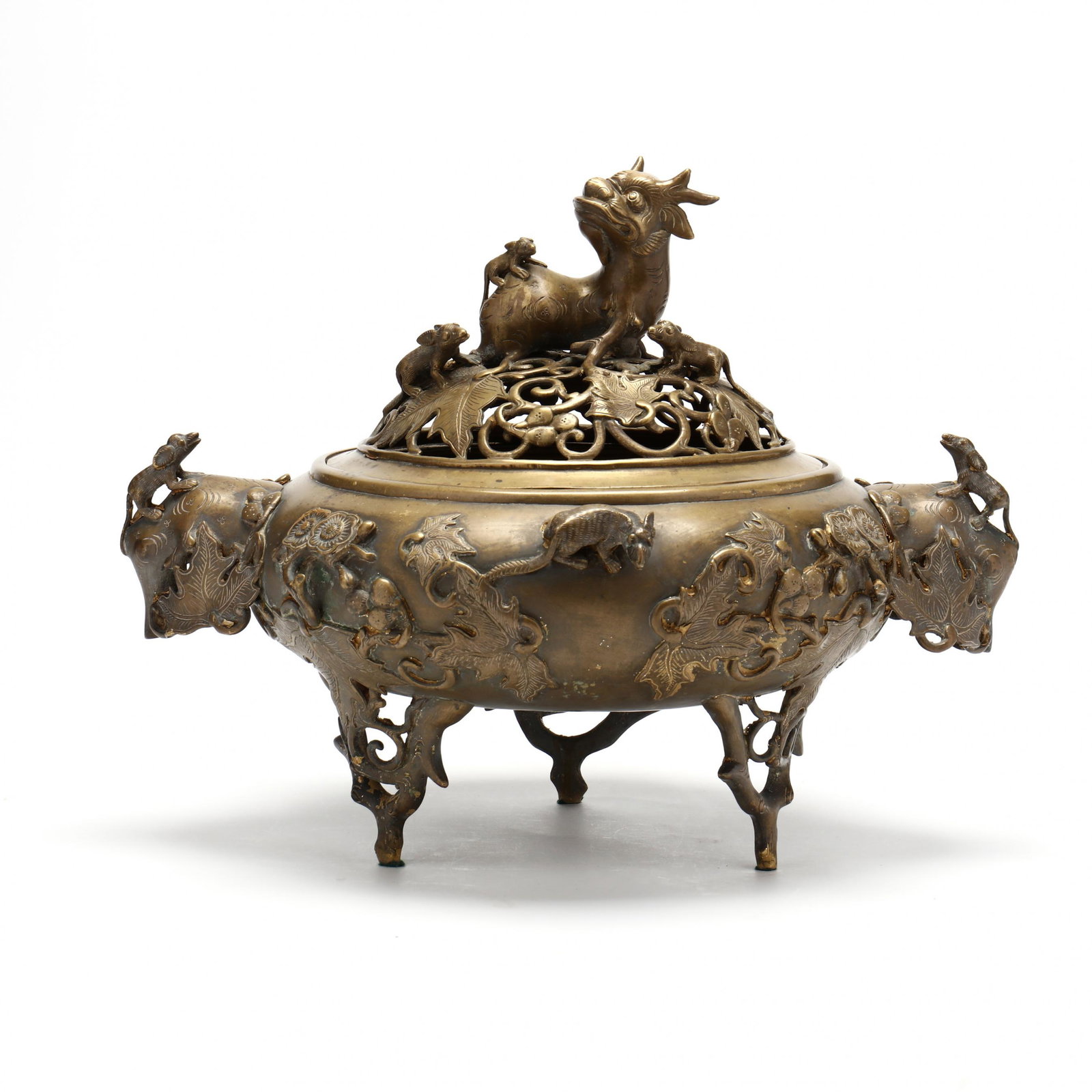 A Large Chinese Brass Censer with Squirrels and Grapevines (1 of 8)