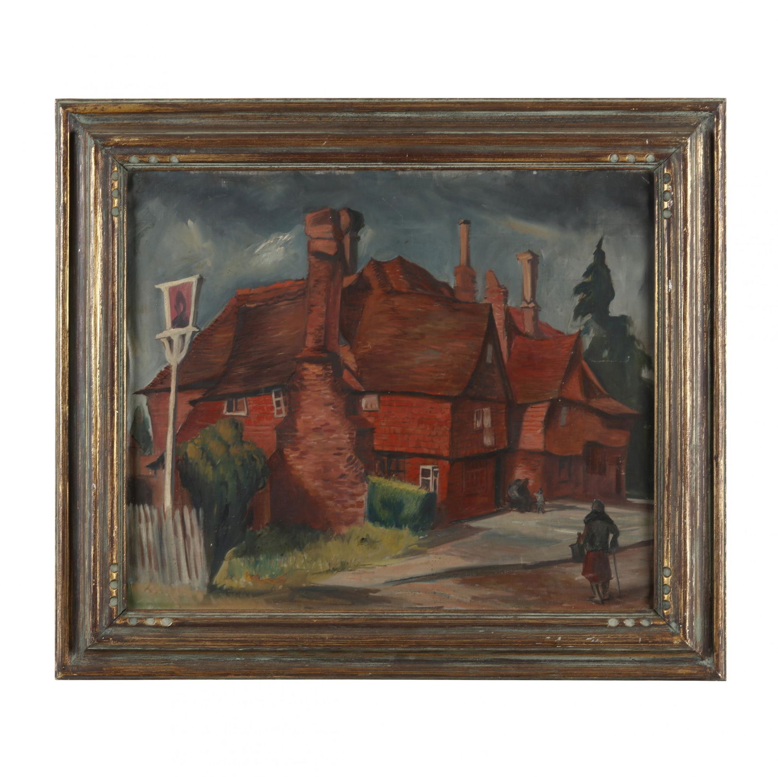 A Mid-Century Painting of an English Village: A Mid-Century Painting of an English Villageoil on canvas laid on Masonite, unsigned, inscribed to verso "Col. D. Longacre," presented in a period frame. Frame dimensions 26 x 30 in. From the Estate o
