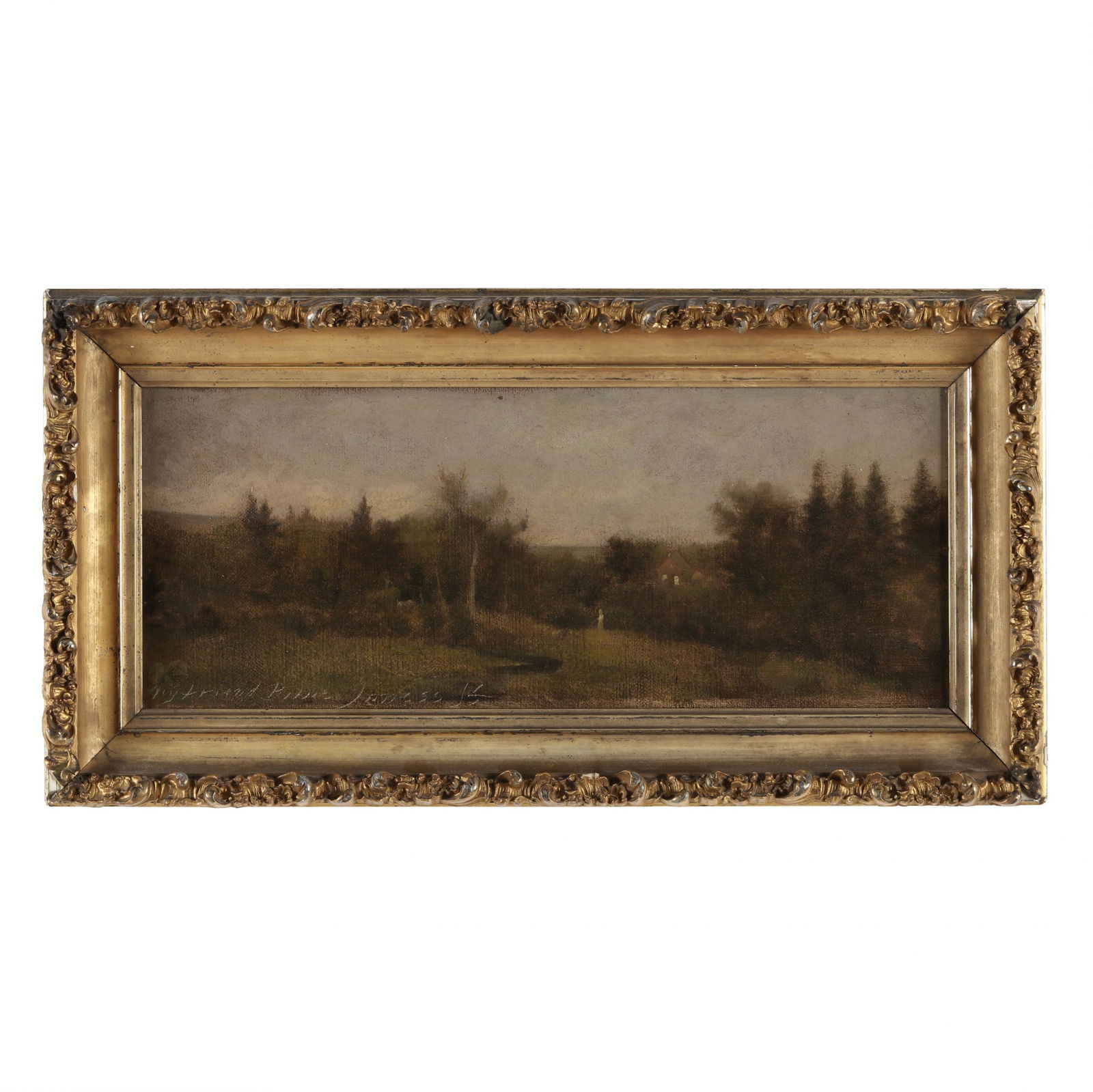 Attributed George Inness Jr. (American, 1854-1926), Landscape with Figure: Attributed George Inness Jr. (American, 1854-1926), Landscape with Figureoil on canvas laid on board, inscribed at lower left "my friend Billie Inness Jr," presented in a period frame retaining remnan