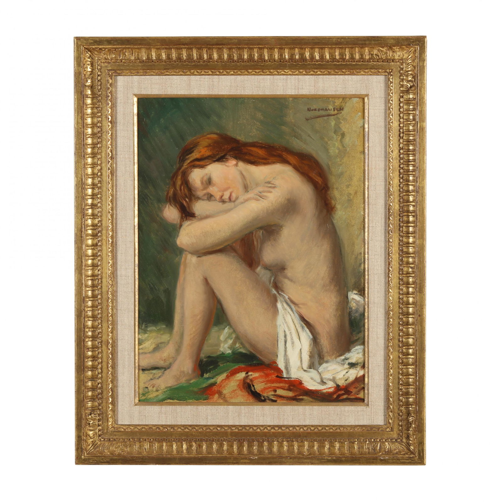 August Nordhausen (American, 1901-1993), Nude Resting: August Nordhausen (American, 1901-1993), Nude Restingoil on canvas panel, signed upper right, inscribed to verso, presented in a gilt frame with linen liner. Frame dimensions 22 x 18 in. Private Colle