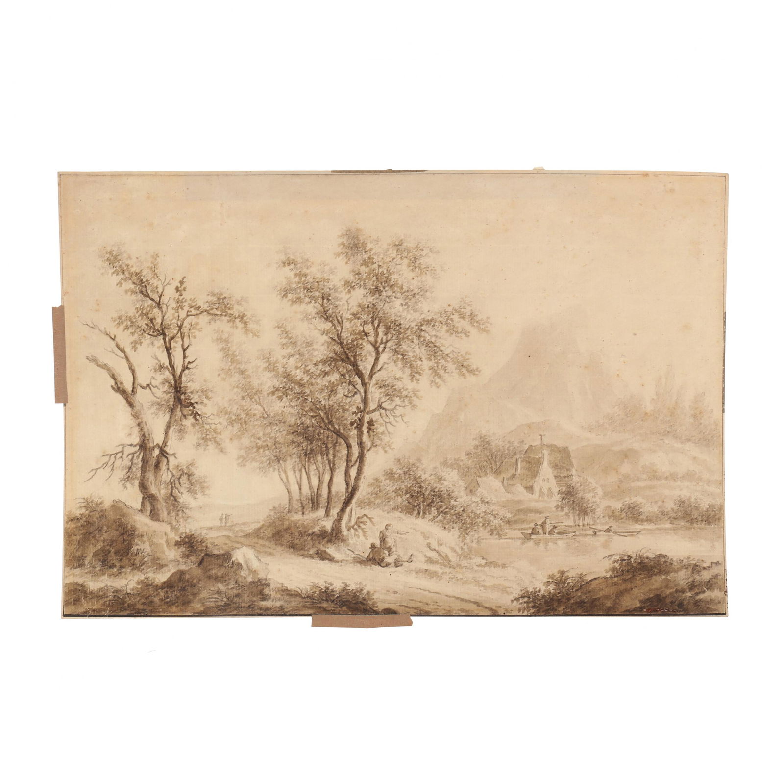 Jan Wijnants (Dutch, 1635-1684), Hilly Landscape with Road, Figures, and a Cottage: Jan Wijnants (Dutch, 1635-1684), Hilly Landscape with Road, Figures, and a Cottageink and wash on laid paper, sheet with watermark (coat of arms with "X" and "DBC" inside), sheet also bears collector'