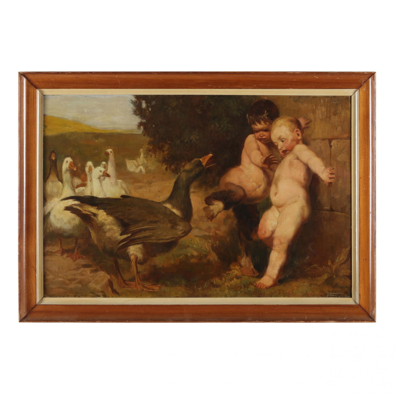 Continental School (19th century), Putto and Satyr Pursued by a Goose: Continental School (19th century), Putto and Satyr Pursued by a Gooseoil on board, signed "Dubrovich" at lower right, presented in a later frame. Frame dimensions 21 x 30 in. Private Collection, Brook