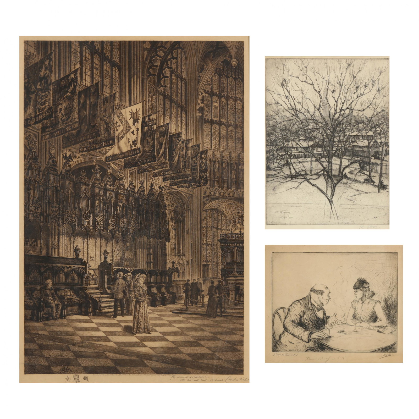 Three Antique American and English Etchings: Three Antique American and English Etchings the first: Albert James Webb (American, 1891-1975), Proposition #1, circa 1935-43, pencil signed, titled, and marked as trial proof lower margin; the second