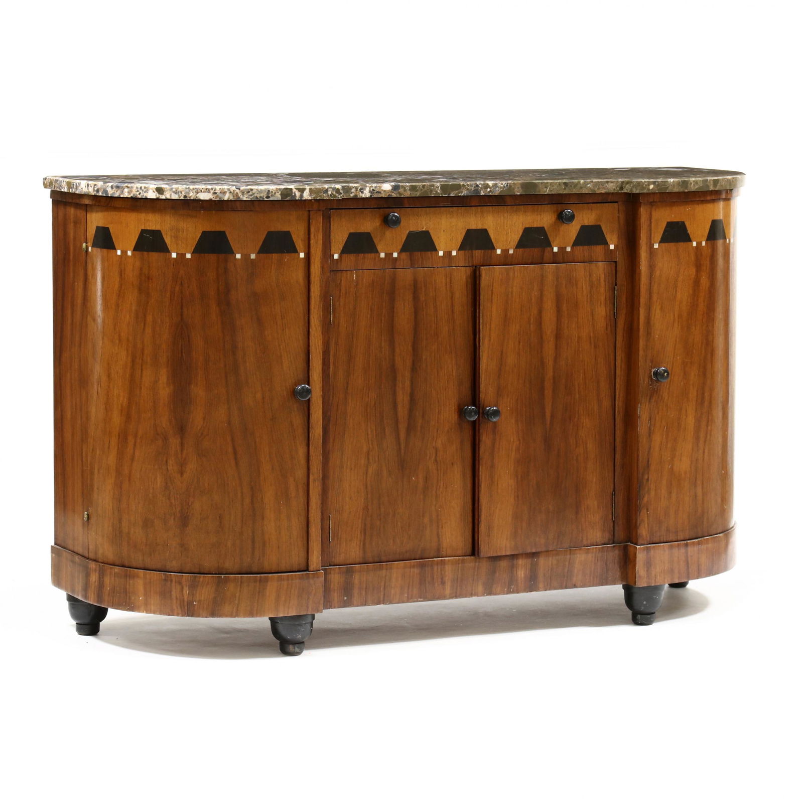 Manner of Joseph François De Coene, Art Deco Marble Top Inlaid Sideboard: Manner of Joseph FranÃ§ois De Coene, Art Deco Marble Top Inlaid SideboardBelgium, 1930s, rosewood veneer, oak and mixed wood secondary, beautiful marble top with beveled edge, rounded corners and st