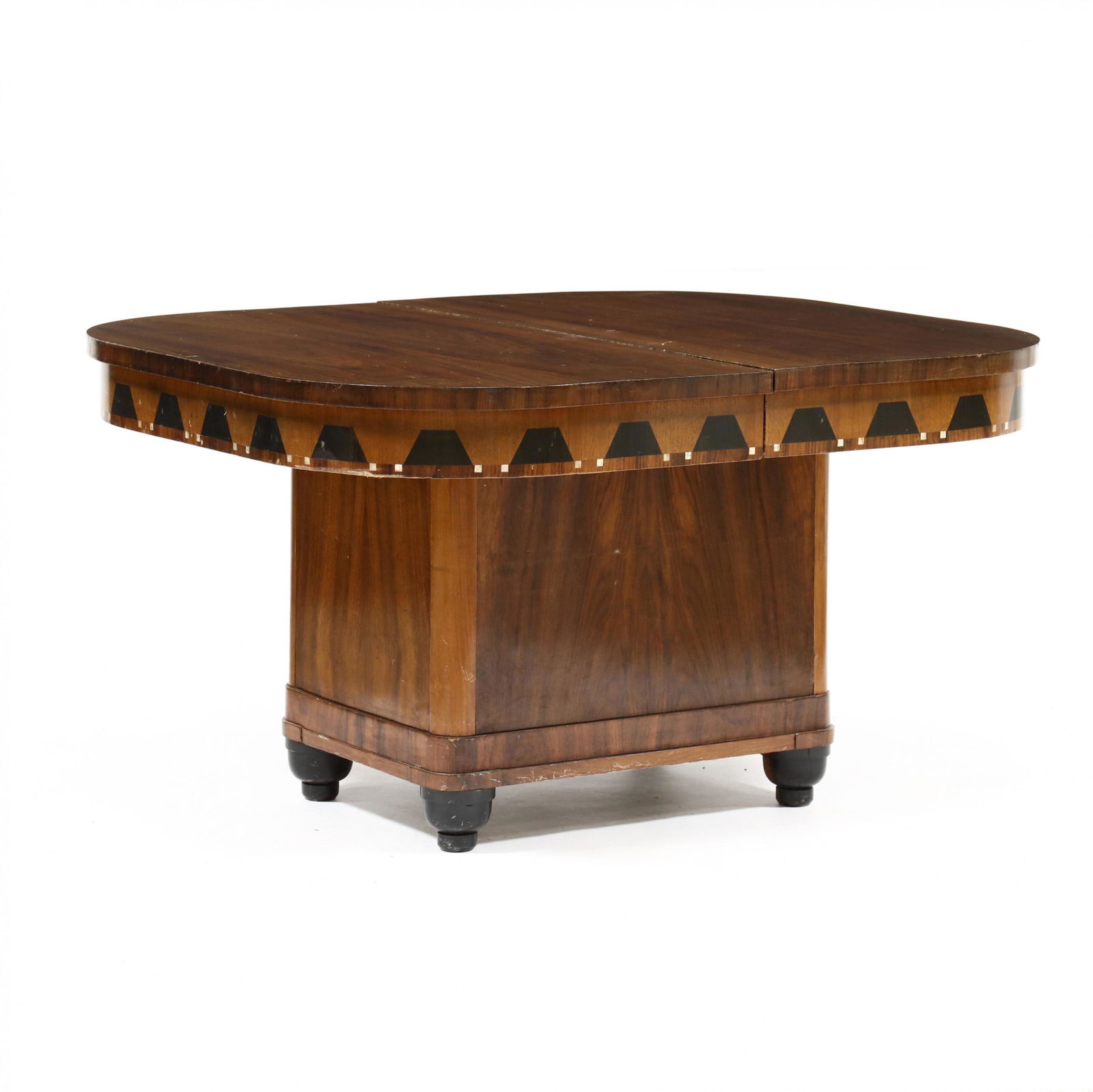 Manner of Joseph François De Coene, Art Deco Rosewood Inlaid Dining Table: Manner of Joseph FranÃ§ois De Coene, Art Deco Rosewood Inlaid Dining TableBelgium, 1930s, rectangular top with rounded corners, top edge with mother-of-pearl and light/dark wood inlaid veneer patter