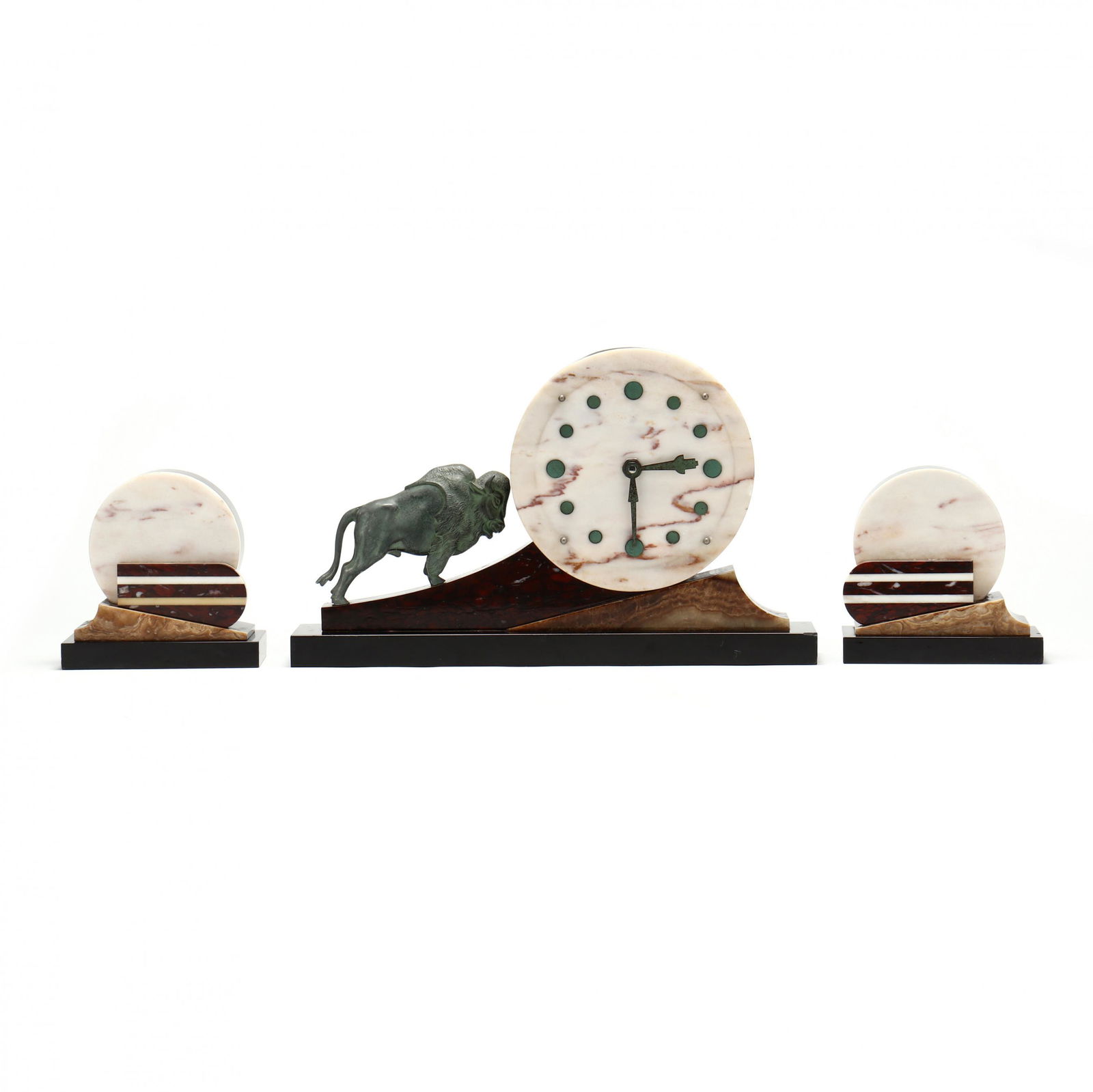 An Art Deco Hardstone and Metal Clock Garniture (1 of 13)
