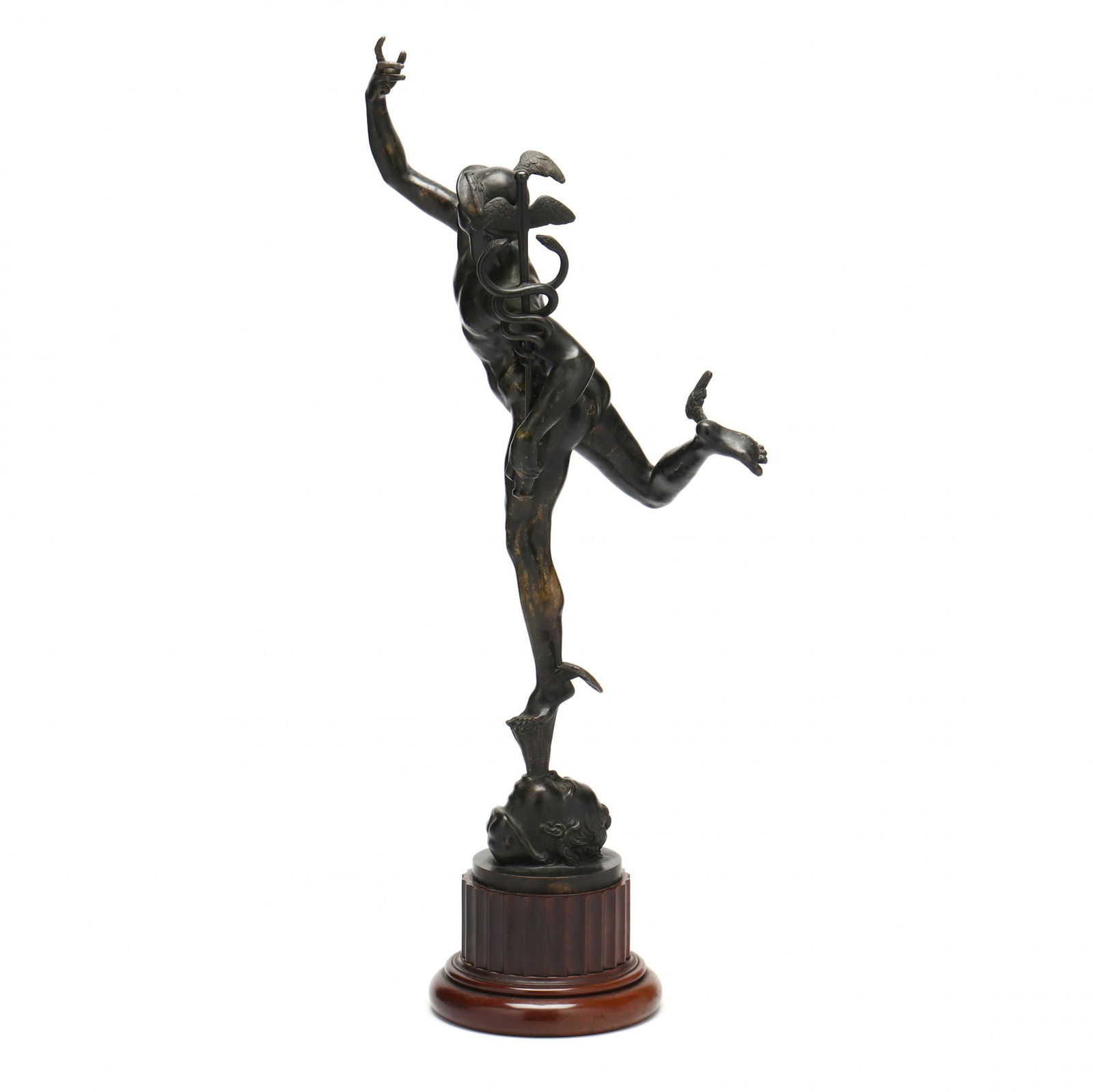A Grand Tour Bronze Sculpture of Mercury: A Grand Tour Bronze Sculpture of Mercurylate 19th-early 20th century, patinated cast bronze, modeled after the antique by Giambologna (Flemish Italian, 1529-1608), mounted upon a fluted mahogany socle