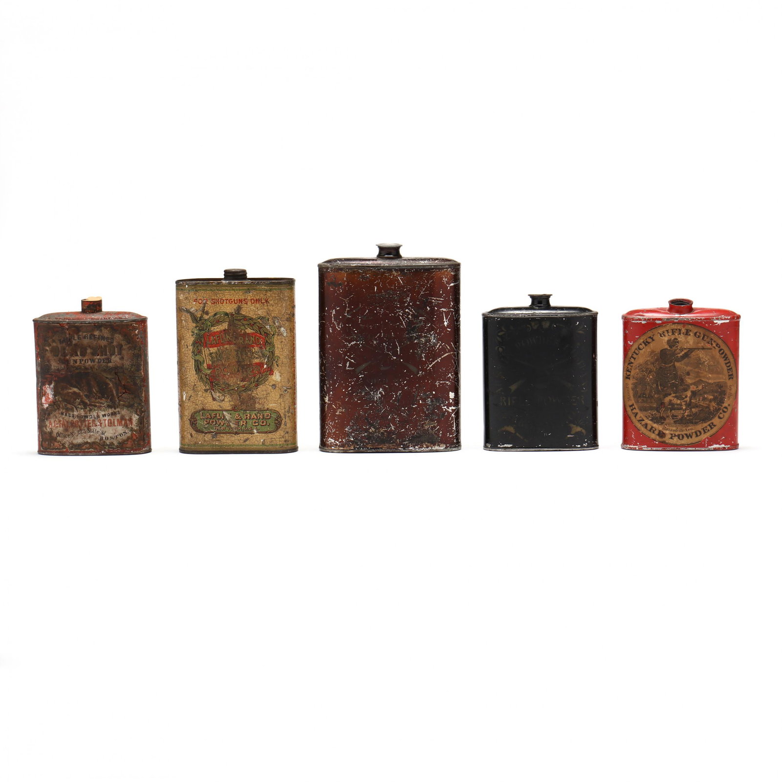 Five Early Gun Powder Tins: Five Early Gun Powder Tins 1870s to early 1900s, five flask tins all with interesting graphics. Tallest flask 6 in. Additional high-resolution photos are available at www.lelandlittle.com