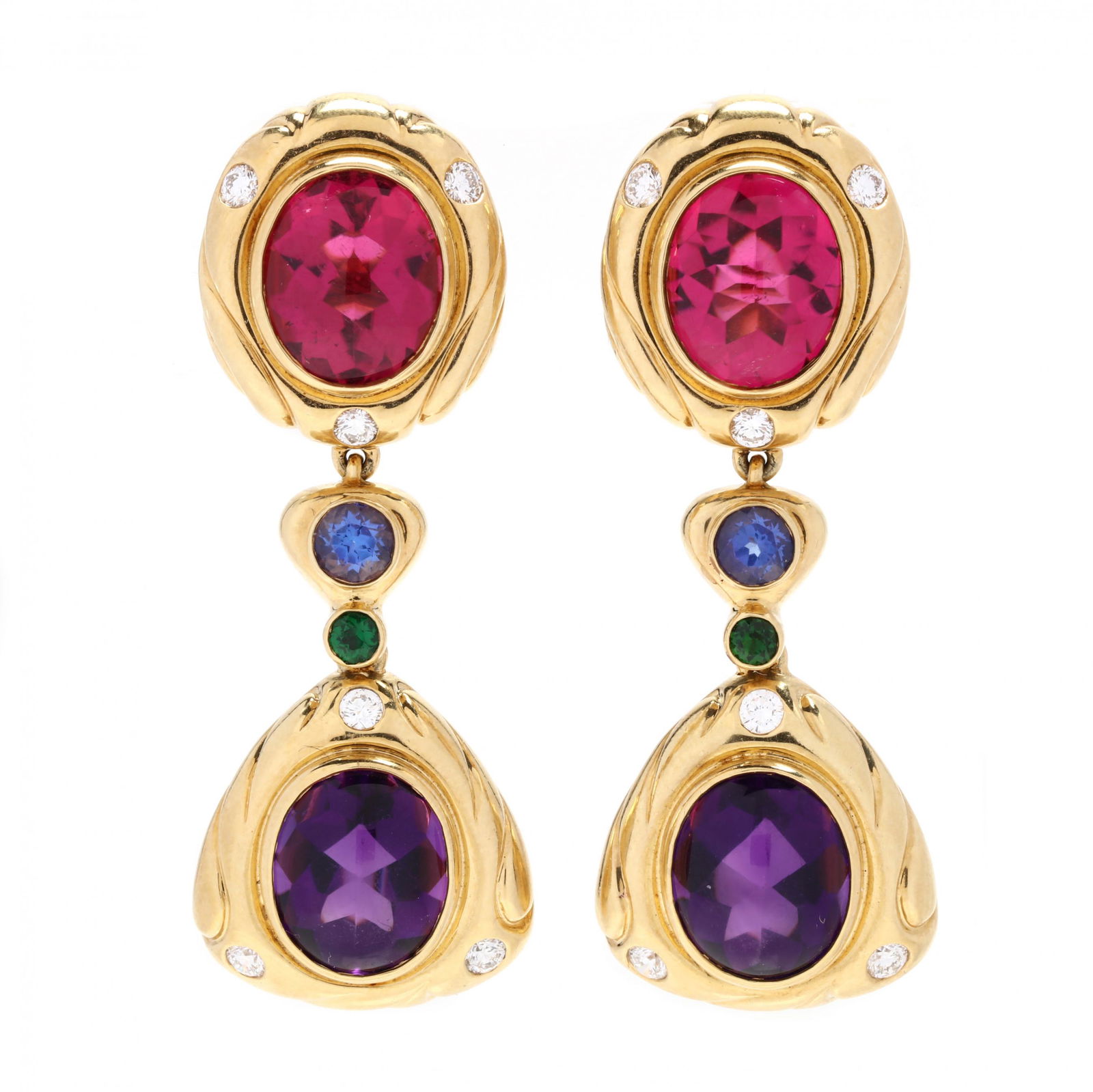 Gold and Multi-Gemstone Drop Earrings, Kurt Wayne: Gold and Multi-Gemstone Drop Earrings, Kurt Waynein a dangle design bezel set to the top with oval buff top pink tourmalines (12.5 x 10 x 6.5 mm) weighing approximately 11.0 total carats within a conf