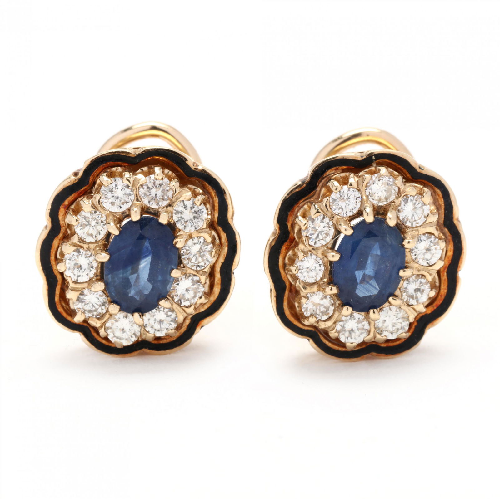 Gold, Sapphire, and Diamond Earrings: Gold, Sapphire, and Diamond Earringsin an oval, scalloped design set to the center with oval cut sapphires weighing approximately 2.20 total carats within a halo of full cut round diamonds weighing ap