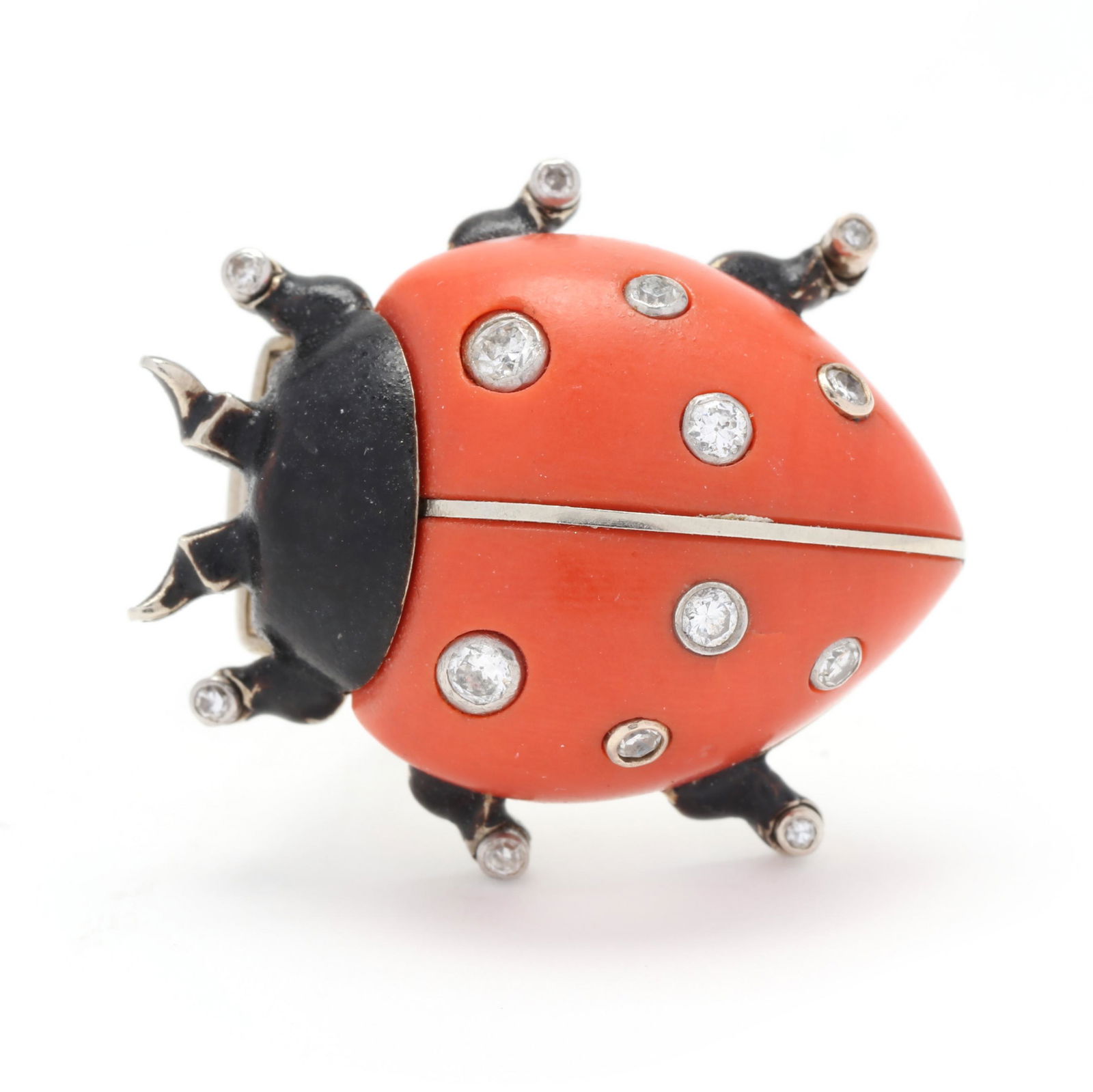 Vintage Coral, Diamond, and Enamel Ladybug Brooch, Cartier (1 of 5)