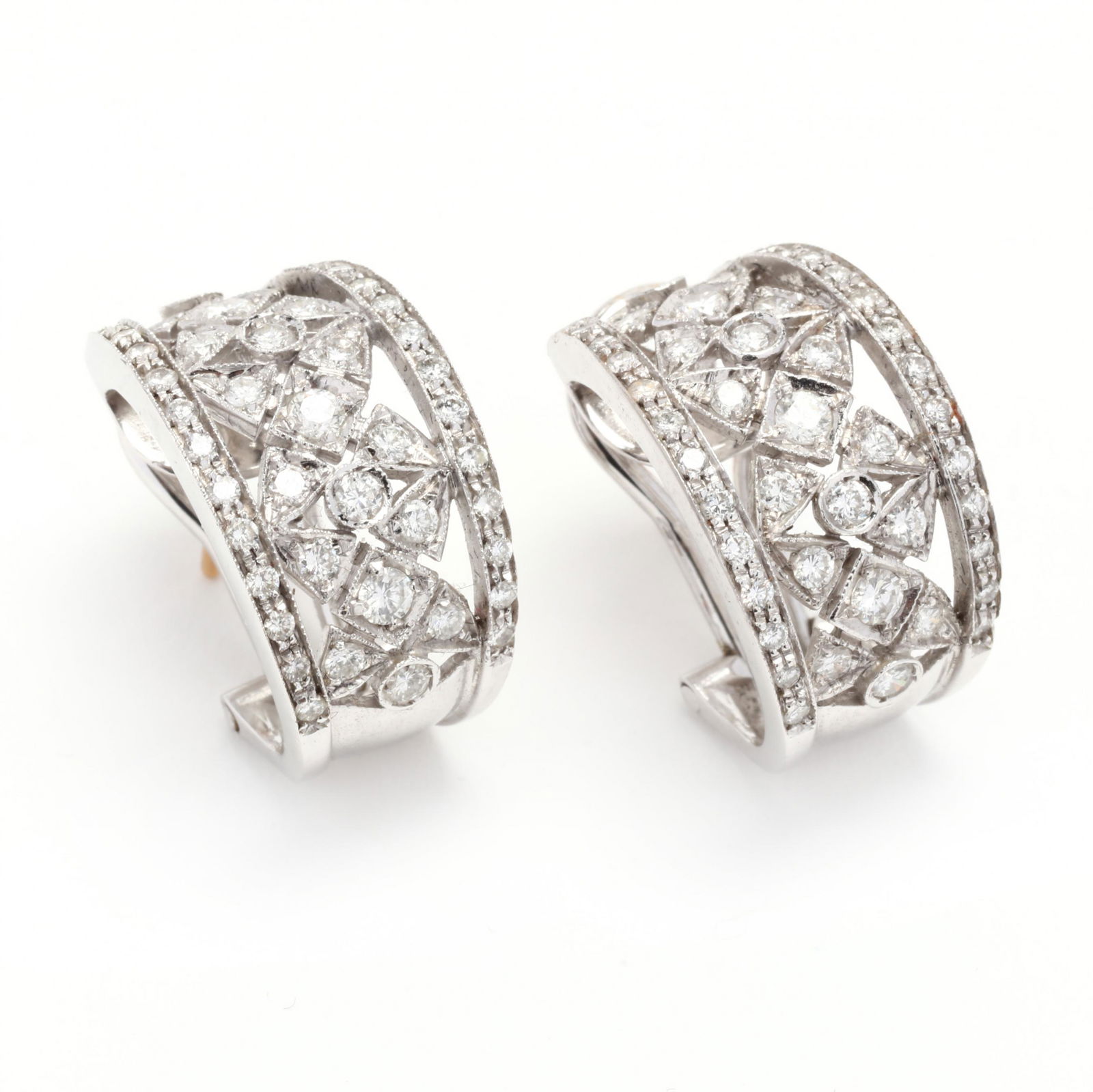 White Gold and Diamond Hoop Earrings, Chimento: White Gold and Diamond Hoop Earrings, Chimentodesigned in a half hoop reticulated floral motif set with full cut round diamonds weighing approximately 1.75 total carats (G-H color, VS-SI clarity), com