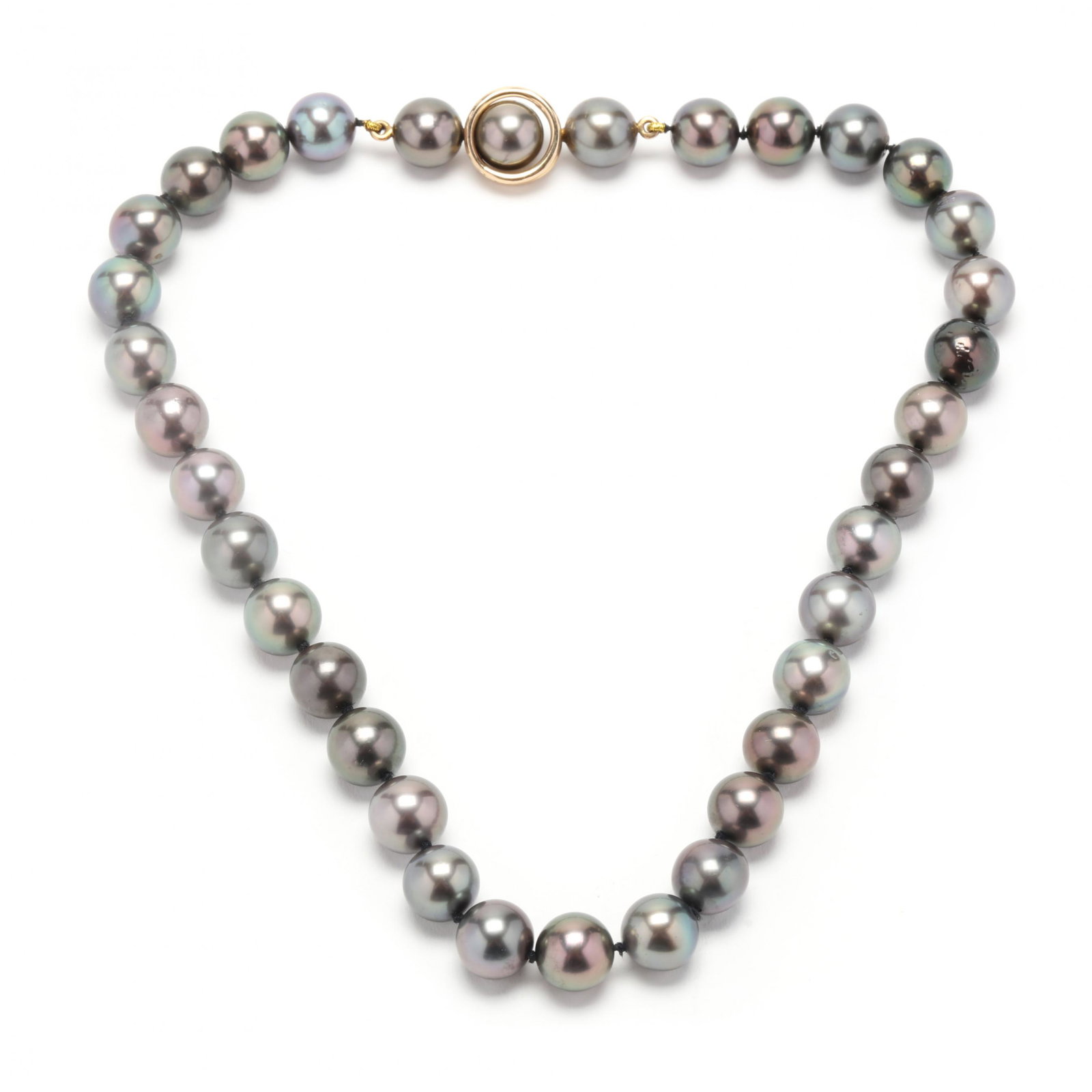 Tahitian Pearl Necklace: Tahitian Pearl Necklace necklace with (35) Tahitian pearls (10.0mm - 10.6mm) strung knotted and completed with an integrated pearl twist clasp with gold safety loop, inscribed 585 14K. 15.75 in. Pearl