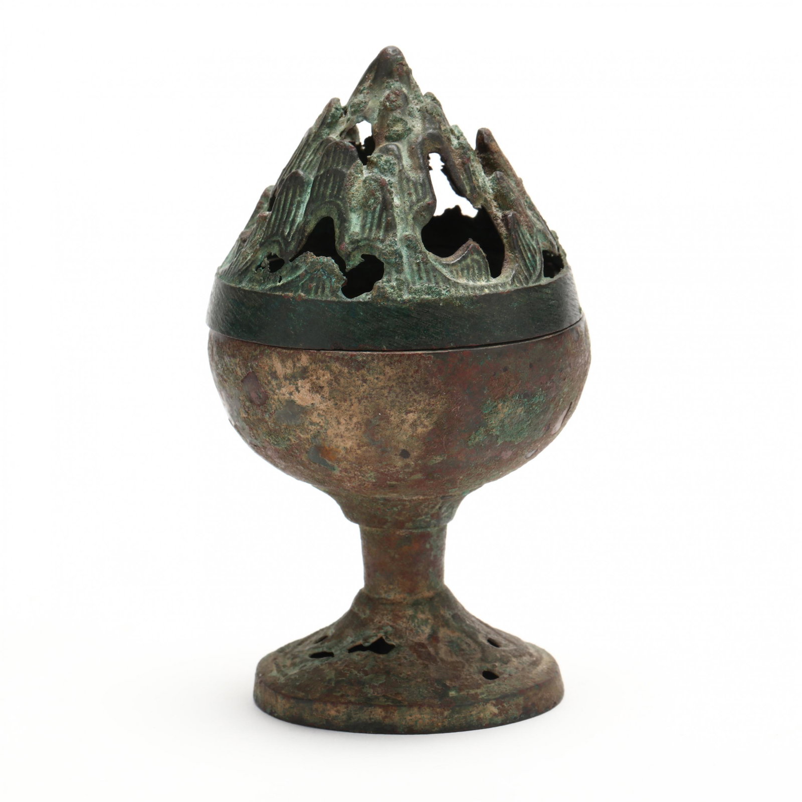 A Chinese Bronze Hill Incense Burner Boshanlu: A Chinese Bronze Hill Incense Burner Boshanlu Han dynasty (206 BC -220 AD ), the stem foot cast on the base with stylized scroll reserves, above a hemispherical bowl with a conical cover casted with o
