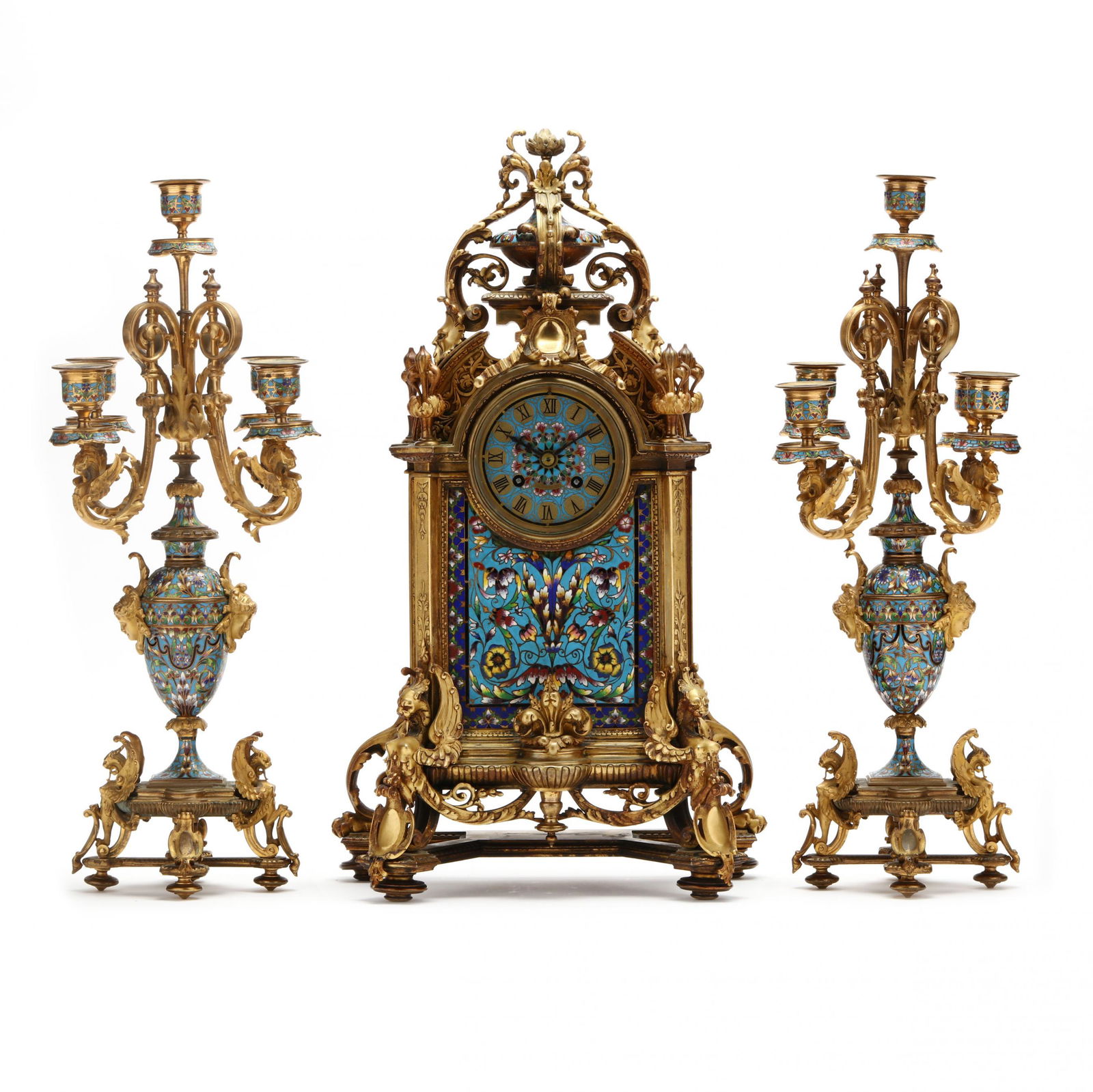 Antique French Cloisonné and Ormolu Three Piece Clock Garniture (1 of 20)