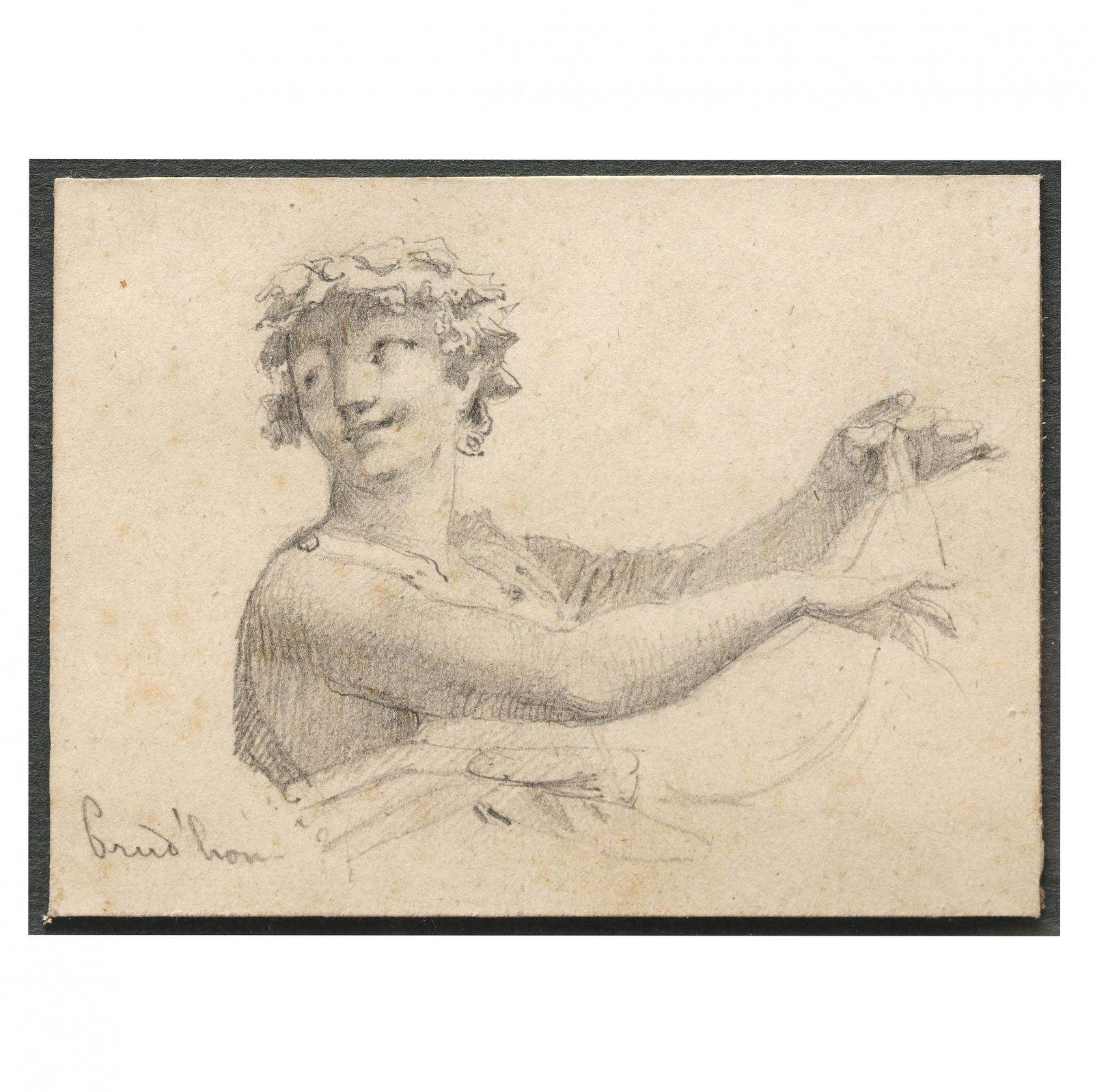 Pierre Paul Prud'hon (French, 1758-1823), Bacchanalian Study: Pierre Paul Prud'hon (French, 1758-1823), Bacchanalian Studypencil on paper, circa 1800, signed lower left, mounted and framed under glass. Sheet 2 5/8 x 3 1/2 in.; Frame dimensions 8 3/4 x 10 3/4 in.