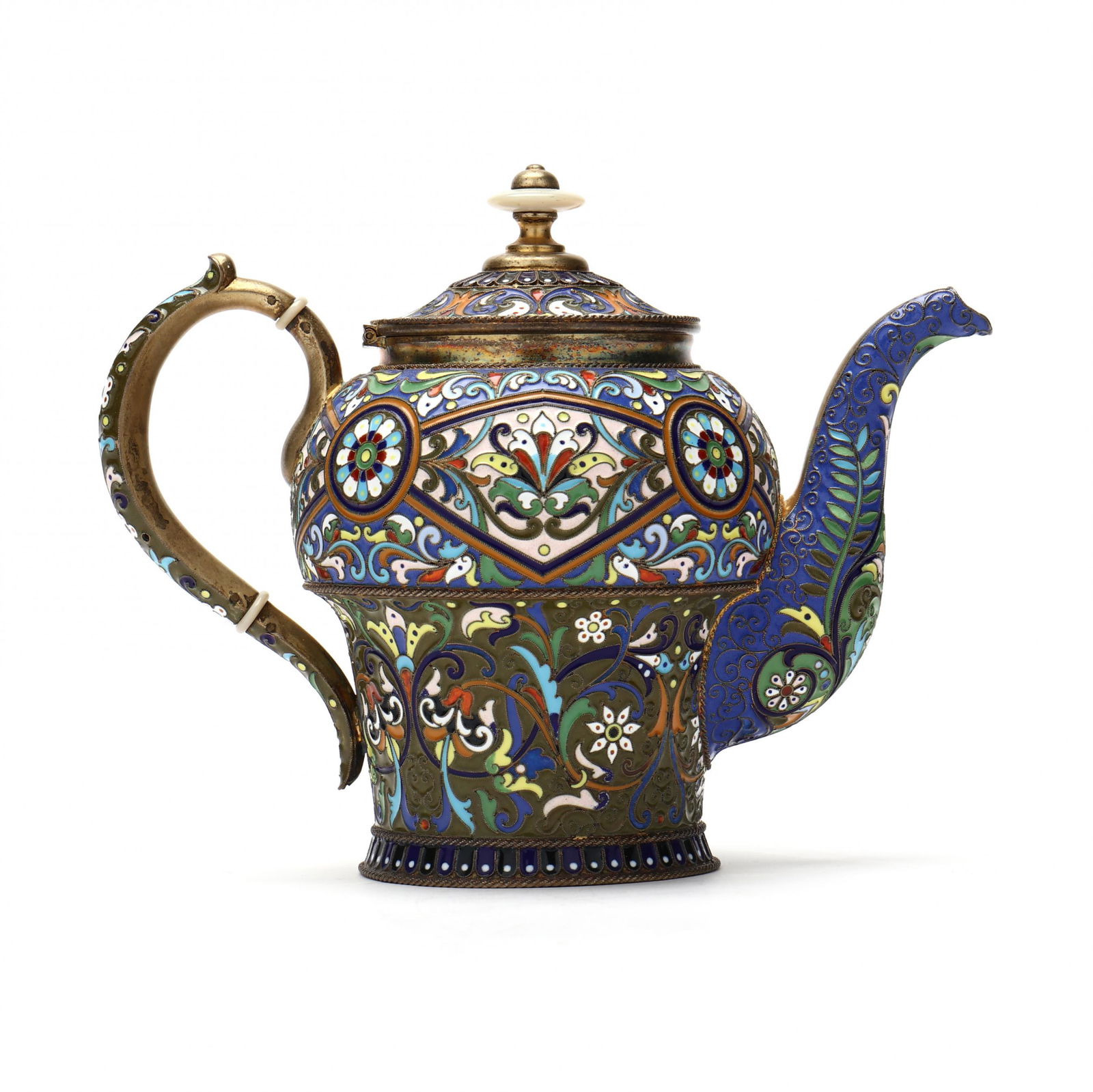 A Russian Silver Gilt & Cloisonné Enamel Teapot, Mark of Pavel Ovchinnikov (1 of 12)