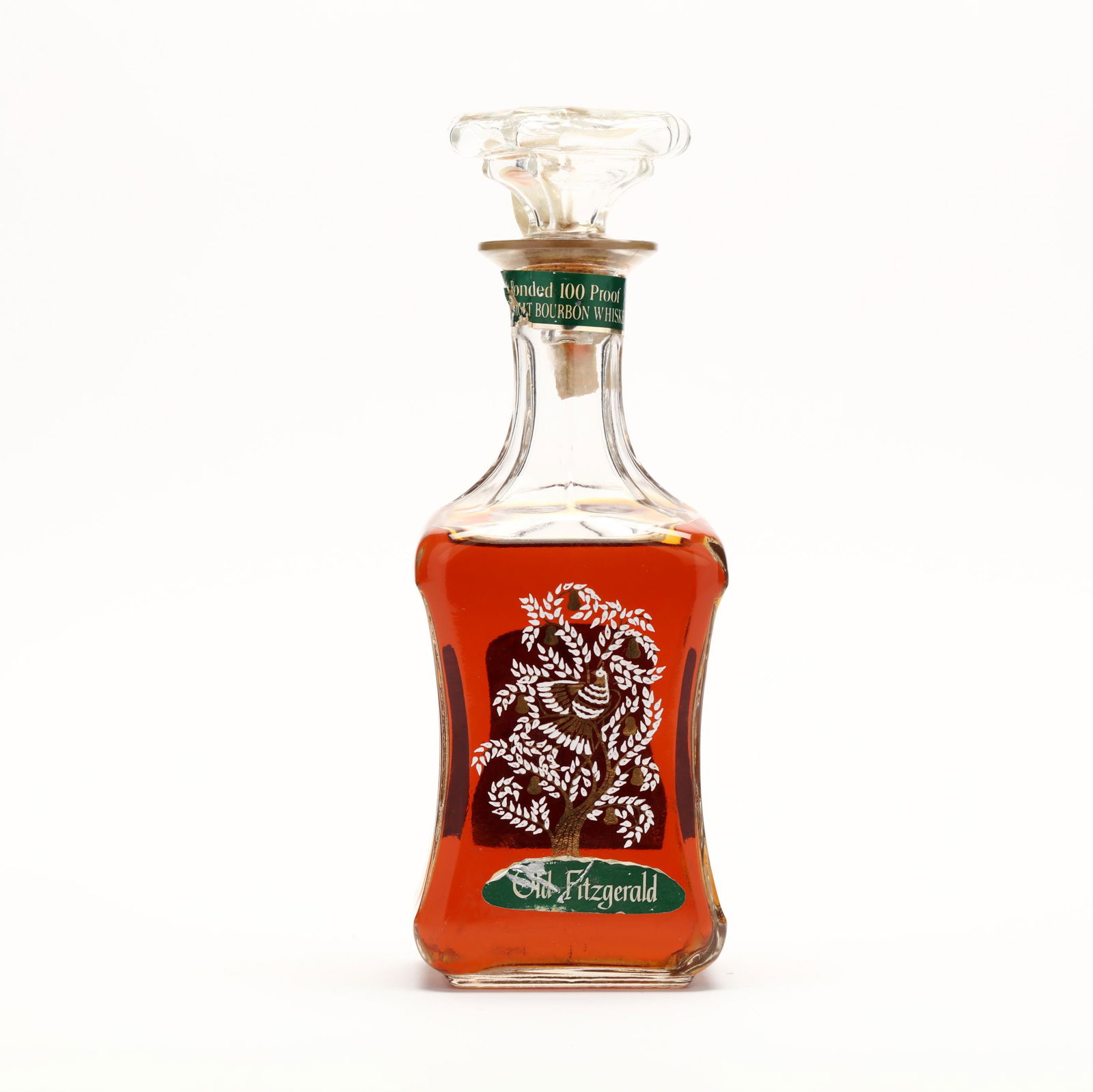 Old Fitzgerald Bourbon in Golden Bough Decanter: Old Fitzgerald Bourbon in Golden Bough Decanter Fragile glass decanter. For pick-up only. NV, Old Fitzgerald Kentucky Straight Bourbon Whiskey, Bottled in Bond, 6 Years Old, Stitzel-Weller Distillery,