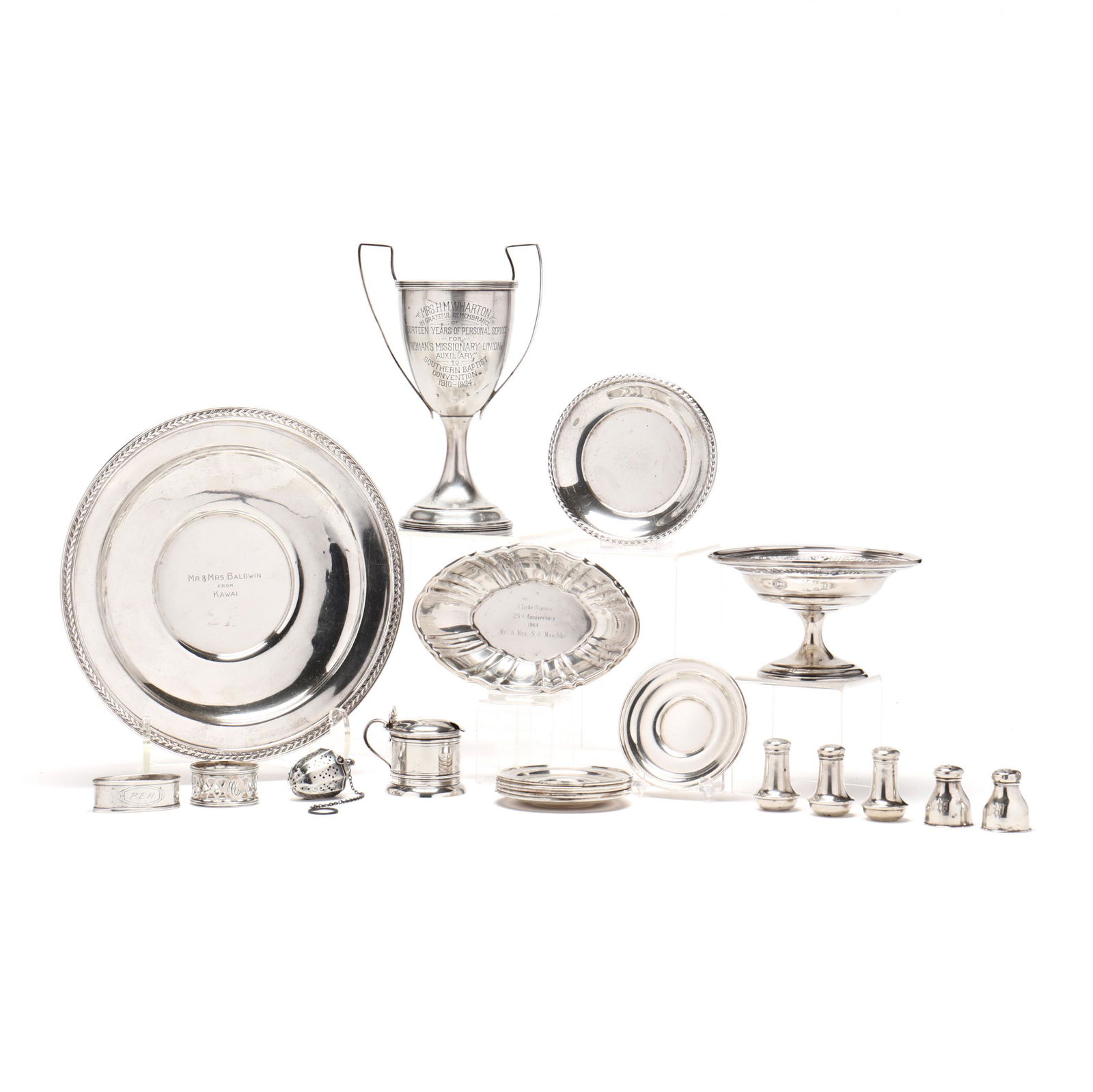 A Group of Assorted Sterling Silver Table Accessories: A Group of Assorted Sterling Silver Table Accessories(20) pieces including: a trophy with mark of The Frank W. Smith Silver Co., engraved "Mrs. H. M. Wharton / in Grateful Remembrance / of / Fourteen