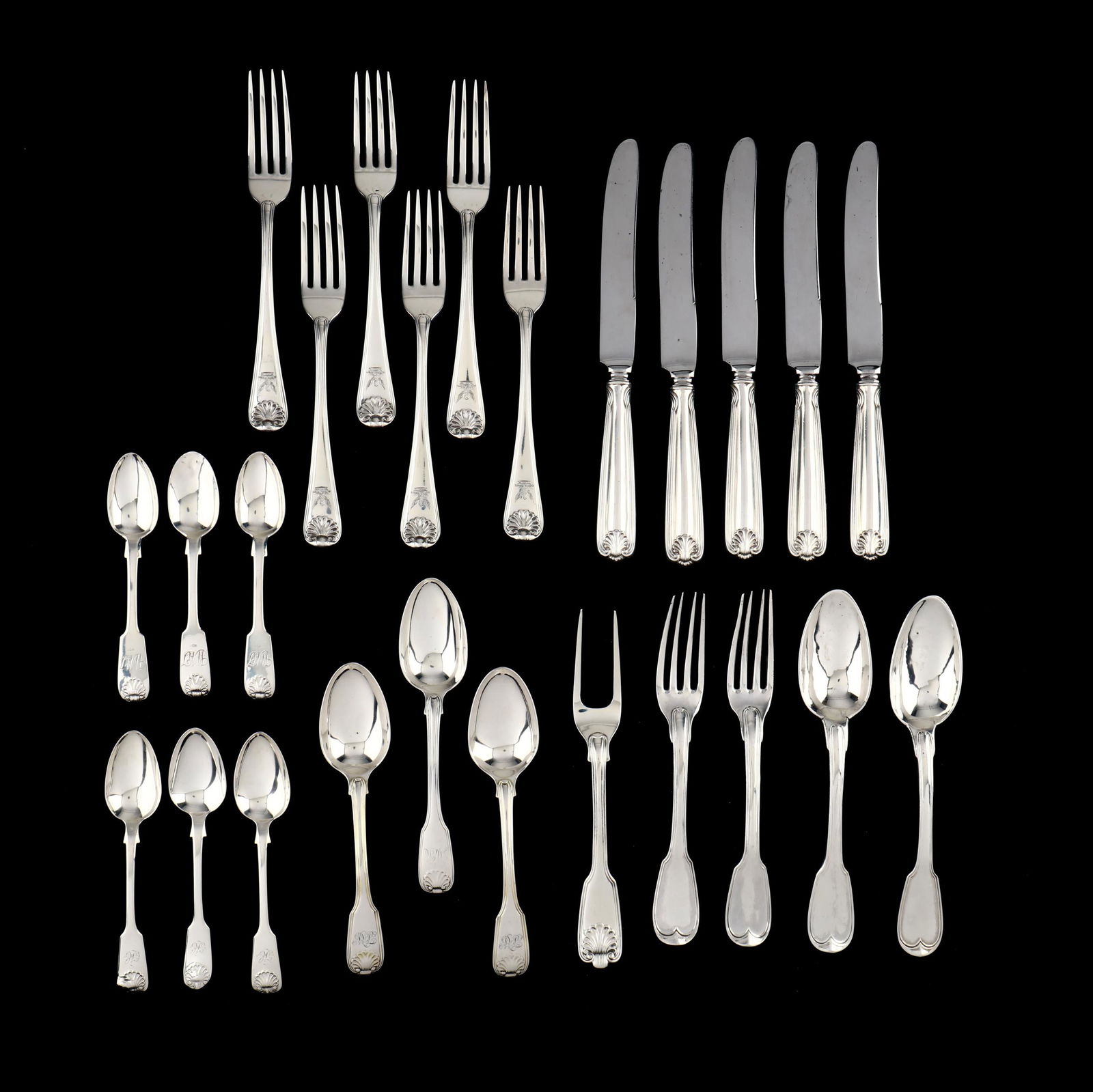 A Group of Vintage and Antique Fiddle & Shell Sterling Silver Flatware (1 of 12)