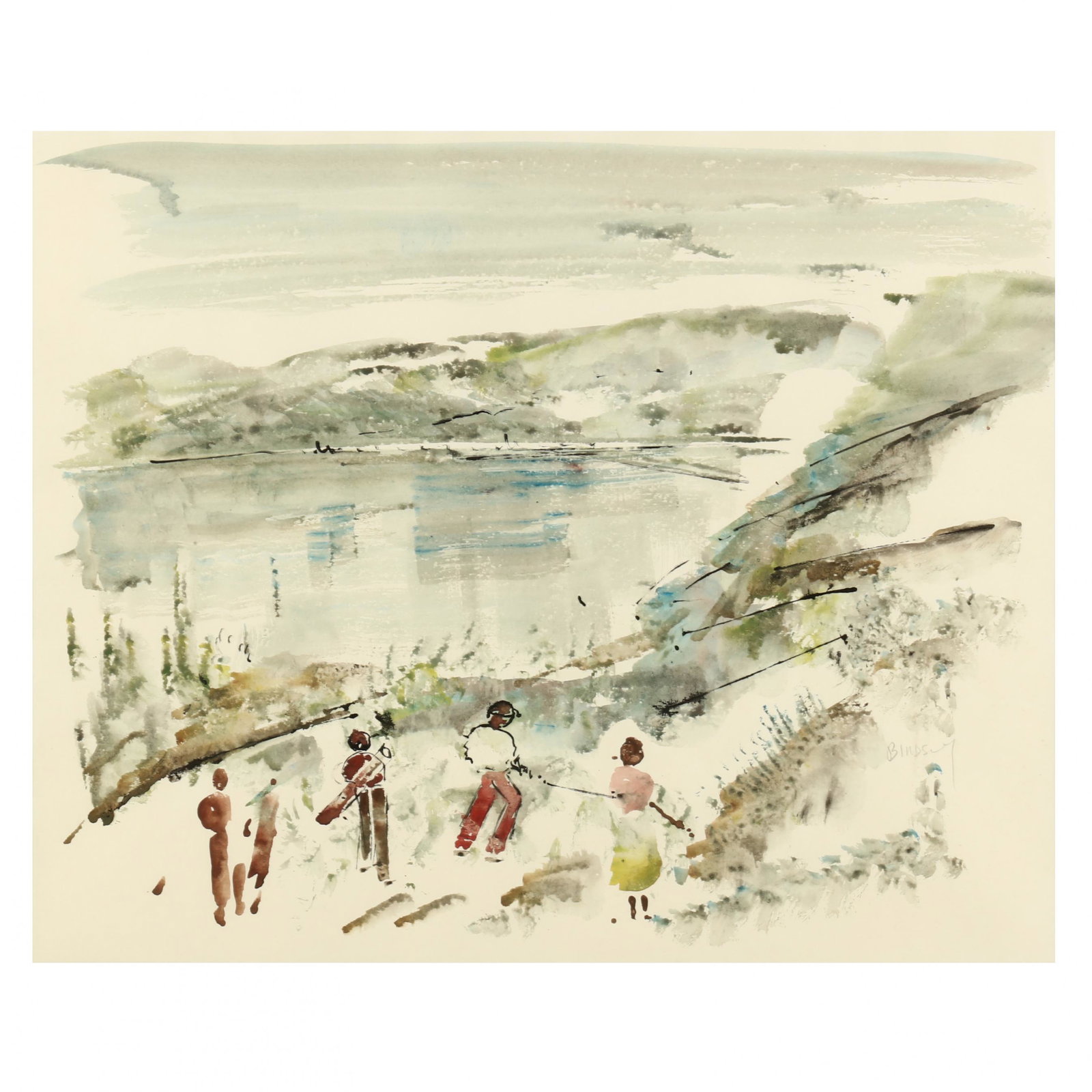 Alfred Birdsey (Bermudian, 1912-1996), Figures Golfing Near a Cove: Alfred Birdsey (Bermudian, 1912-1996), Figures Golfing Near a Cove ink and watercolor on paper, signed, matted and framed behind glass. Frame 28 x 31 1/2 in. Alfred Birdsey was a twentieth-century Ber