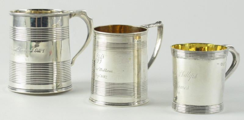 Three Georgian Silver Mugs: Three Georgian Silver Mugs each of barrel form with reeded decoration. The first with hallmarks and engraved "Richard Phillips to Jane James 1794.," parcel gilt (2.5 in.; 2.7 troy oz.); the second (Lo