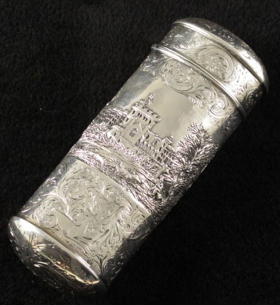 Victorian Silver Cigar Case: Victorian Silver Cigar Case(Birmingham, 1839), with "T&P" sponsor's mark for John Taylor and John Perry, the body with finely worked castle landscape to center, scroll work design to upper and lower f