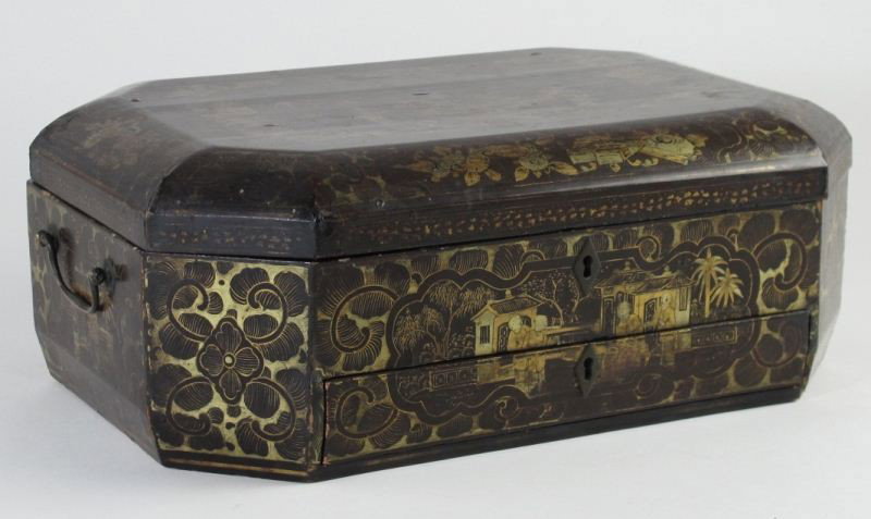 Antique Chinoiserie Sewing Box: Antique Chinoiserie Sewing Box lacquered Chinoiserie design to box, interior with lift compartment, including several carved bone implements, lower drawer with hinged compartment; purchased fom Elizab