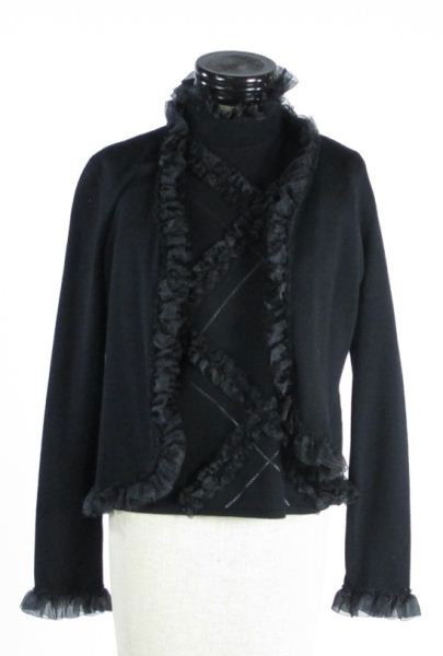 Black Wool Sweater Cardigan Set, Rena Lange: Black Wool Sweater Cardigan Set, Rena Langedesigned as a knitted black wool short sleeve shirt and matching cardigan with tulle detailing and patterning throughout, size 10, with original price tags s