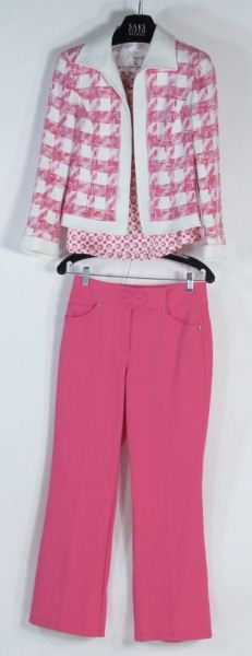 Pink Three Piece Ensemble, Escada: Pink Three Piece Ensemble, Escadaincluding a jacket with large pink houndstooth pattern, tank top with pink pattern, and a pair of pink pants, all size 36, the jacket and pants retaining their origina