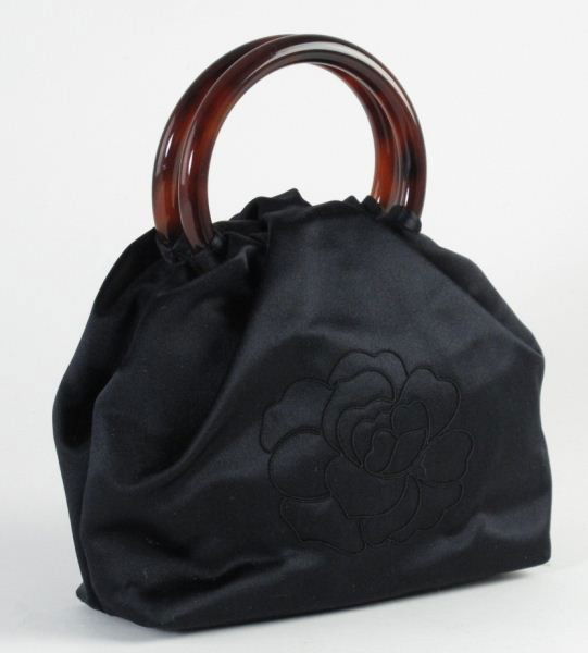 Satin "Camelia" Evening Bag, Chanel: Satin "Camelia" Evening Bag, Chaneldesigned in black satin with an embroidered Camelia flower on the front, completed by tortoise ring handles and magnetic snap closure, authentication number located
