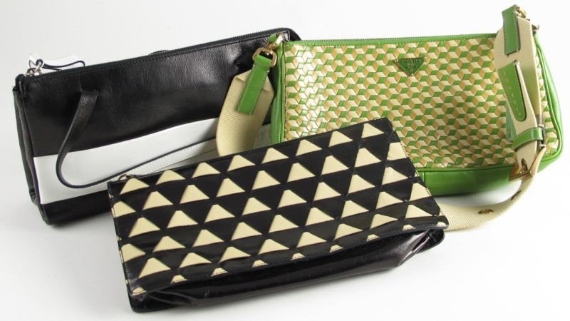 Three Leather Handbags, Prada and Miu Miu: Three Leather Handbags, Prada and Miu Miuthe first designed as a woven tri color leather pouchette bag by Prada, the second designed in a black and white theme by Miu Miu, and the third designed as a