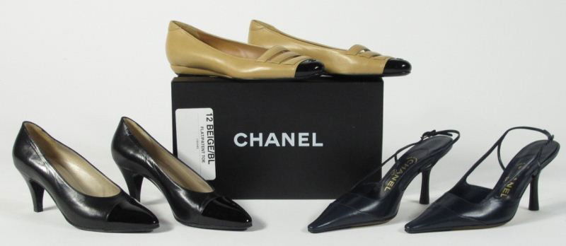 Three Pairs of Shoes, Chanel: Three Pairs of Shoes, Chanelincluding a pair of tan leather loafer style flats with patent leather logo toe (size 37), a pair of navy leather pointed toe slingbacks with small logo on toe (3.5 in. hee