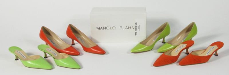 Four Pairs of Colorful High Heels, Manolo Blahnik: Four Pairs of Colorful High Heels, Manolo Blahnikincluding a pair of lime green leather pointed toe pumps (2.25 in. heel, size 37), a pair of coral colored leather pointed toe pumps (2.25 in. heel, si