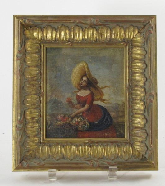 Continental School Painting of a Woman: Continental School Painting of a Woman oil on pine panel, unsigned, depicting a women in red with basket of flowers before a romantic landscape, presented in a contemporary gilt composition frame. SS 