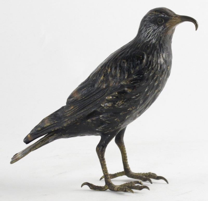 Antique Painted Bronze Bird Sculpture: Antique Painted Bronze Bird Sculpturecold painted, finely cast bronze standing bird with black, orange and white painted feathers with bent beak.5.5 in. tall.Realistically cast with super fine details