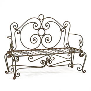 Cast Iron Scroll Work Garden Bench: Cast Iron Scroll Work Garden Benchsecond half of the 20th century in the manner of Jean Charles Moreux, lattice seat with cross stretcher base, unmarked. 40.25 x 52 x 18.5 in. Additional high-resolut