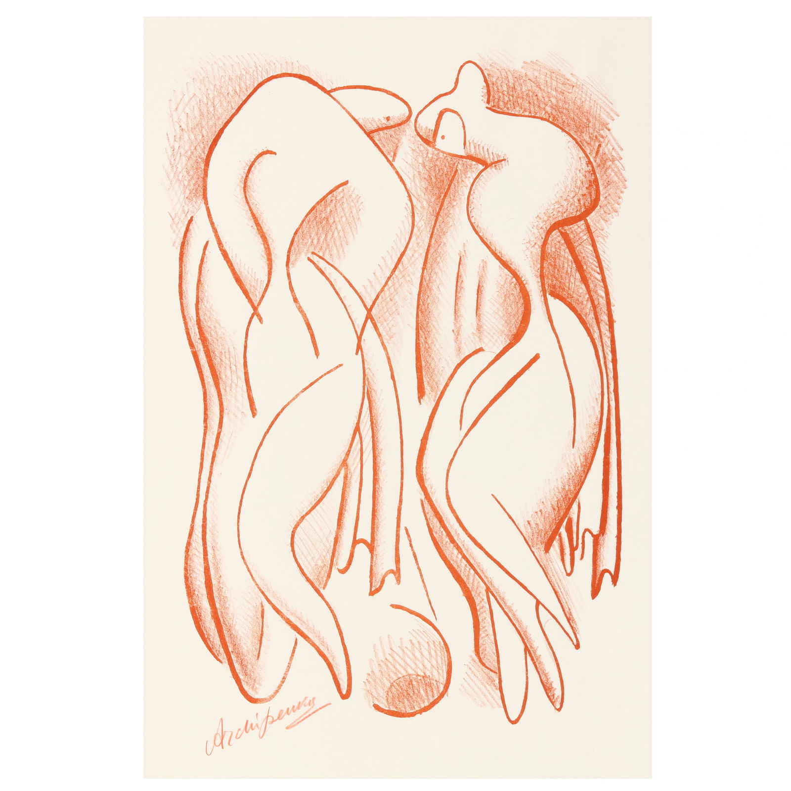 Alexander Archipenko (Ukranian/American: Alexander Archipenko (Ukranian/American, 1887-1964), The Batherslithograph in colors, 1950, signed in orange pencil at lower left, retains Associated American Artists label to matting, unframed. Image