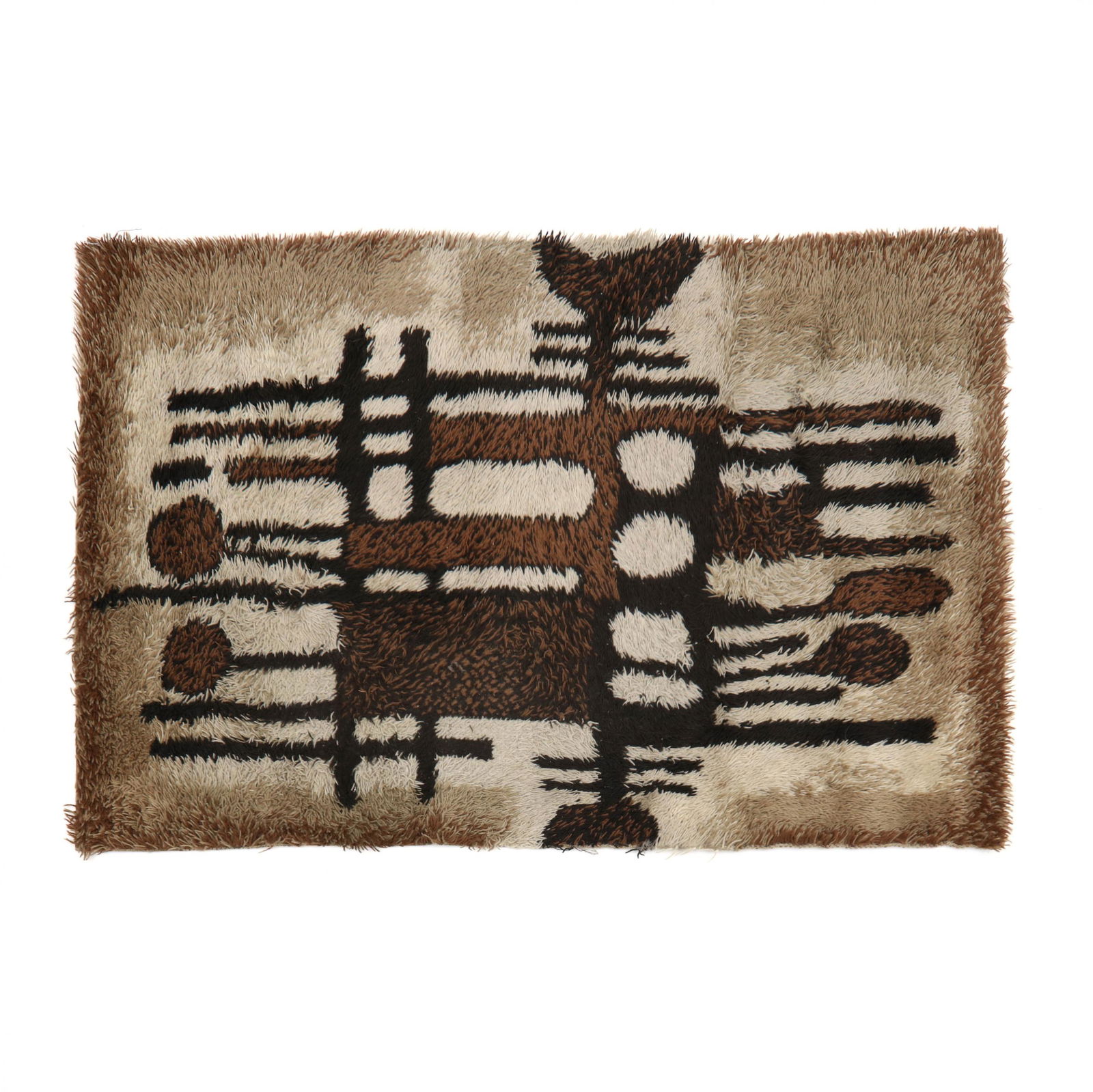 Ege Rya Area Rug: Ege Rya Area Rugcirca 1960s, shag wool rug, with abstract motif in umber and taupe tones, unsigned. 4 ft. x 5 ft. 9 in. Additional high-resolution photos are available at www.lelandlittle.com